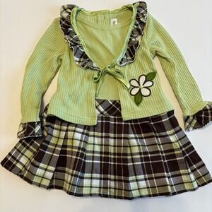 Youngland‎ Toddler Girls 2T Plaid Dress Ribbed Green Brown Y2K Floral Pleated